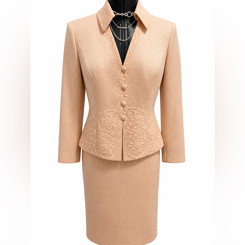 Rickie Freeman for TJ Nites Blush Pink Textured Beaded Blazer & Skirt Suit